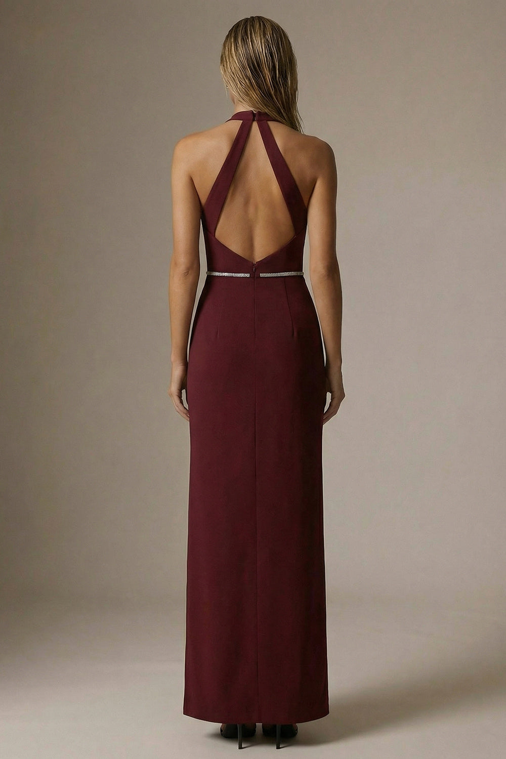 Sparkly Burgundy Halter Sheath Ruched Long Formal Dress with Slit