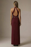 Sparkly Burgundy Halter Sheath Ruched Long Formal Dress with Slit