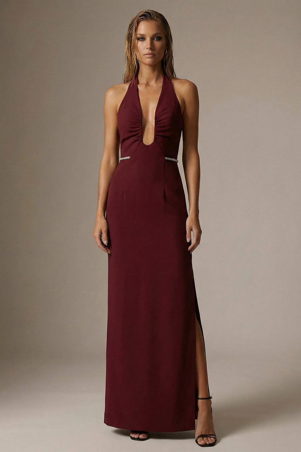 Sparkly Burgundy Halter Sheath Ruched Long Formal Dress with Slit