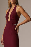Sparkly Burgundy Halter Sheath Ruched Long Formal Dress with Slit