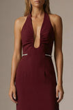 Sparkly Burgundy Halter Sheath Ruched Long Formal Dress with Slit