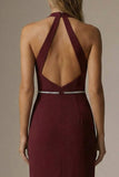 Sparkly Burgundy Halter Sheath Ruched Long Formal Dress with Slit