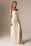 Sparkly Ivory Sheath Beaded Strapless Long Formal Dress with Slit