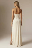 Sparkly Ivory Sheath Beaded Strapless Long Formal Dress with Slit