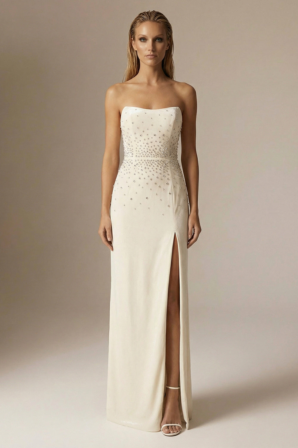 Sparkly Ivory Sheath Beaded Strapless Long Formal Dress with Slit