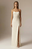 Sparkly Ivory Sheath Beaded Strapless Long Formal Dress with Slit