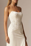 Sparkly Ivory Sheath Beaded Strapless Long Formal Dress with Slit