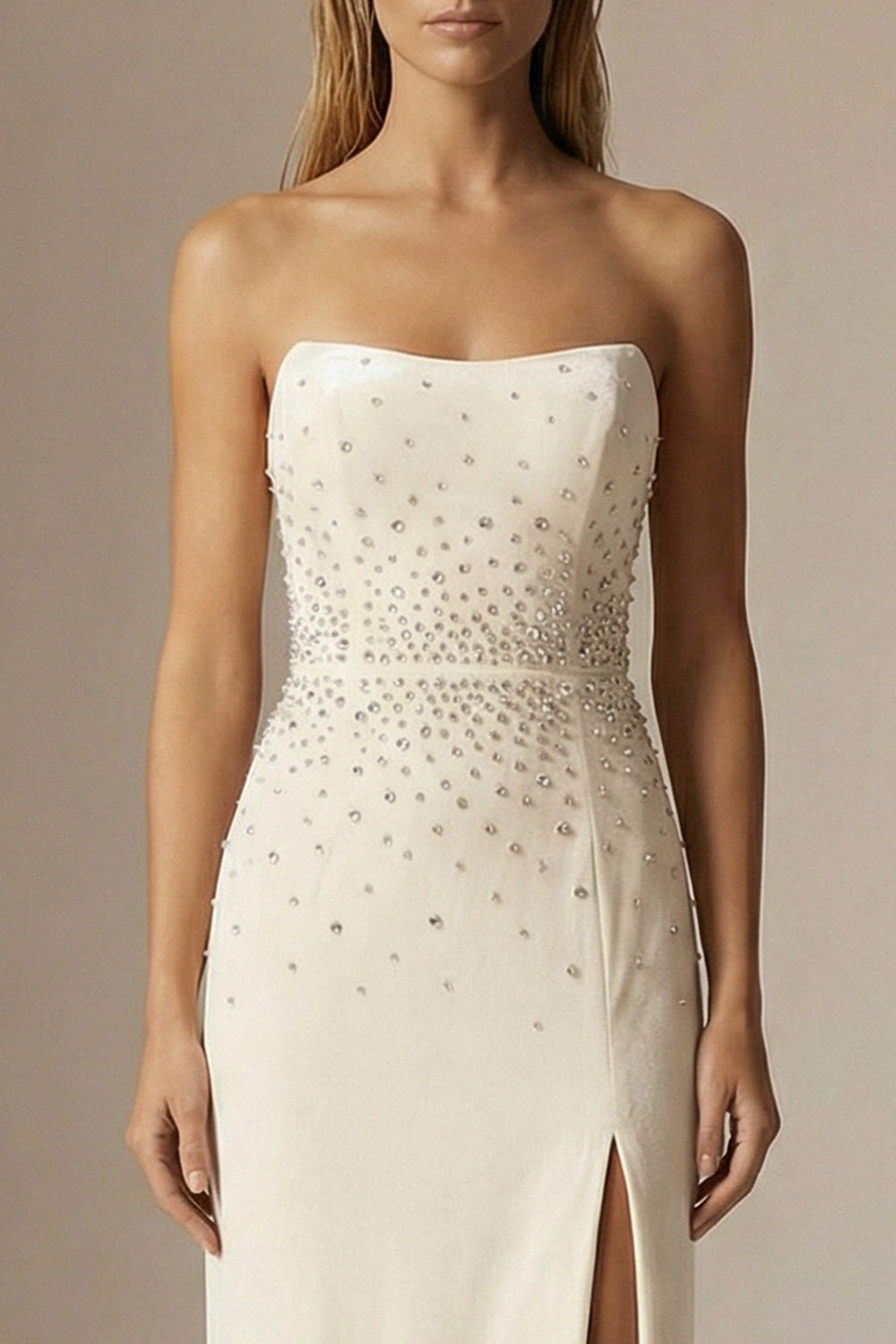 Sparkly Ivory Sheath Beaded Strapless Long Formal Dress with Slit