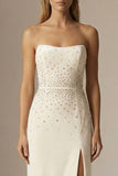 Sparkly Ivory Sheath Beaded Strapless Long Formal Dress with Slit