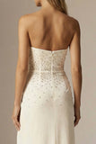 Sparkly Ivory Sheath Beaded Strapless Long Formal Dress with Slit