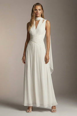 Ivory Pleated Long Formal Dress Thick Straps Chiffon A Line Neck Scarf Rehearsal Dinner Dress