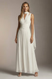 Ivory Pleated Long Formal Dress Thick Straps Chiffon A Line Neck Scarf Rehearsal Dinner Dress