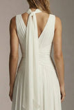 Ivory Chiffon Thick Straps A Line Pleated Long Formal Dress