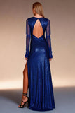 Sparkly Royal Blue Sheath Bateau Neck Sequin Long Formal Dress with Slit