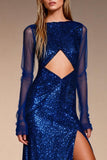 Sparkly Royal Blue Sheath Bateau Neck Sequin Long Formal Dress with Slit