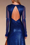 Sparkly Royal Blue Sheath Bateau Neck Sequin Long Formal Dress with Slit