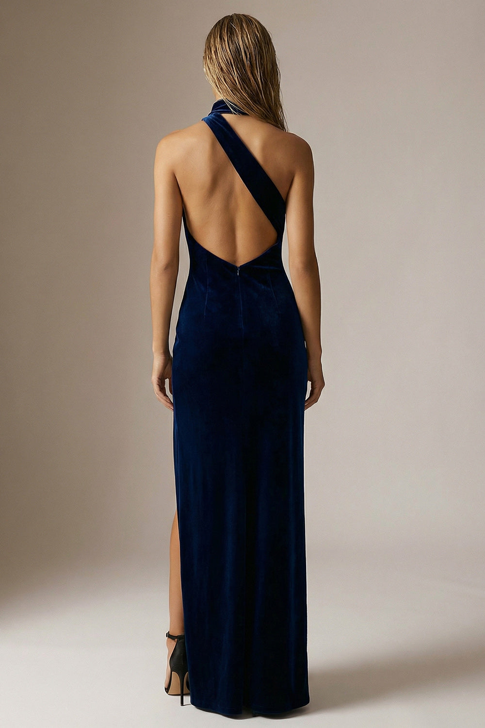 Sparkly Navy Sheath Halter Velvet Long Formal Dress with Slit