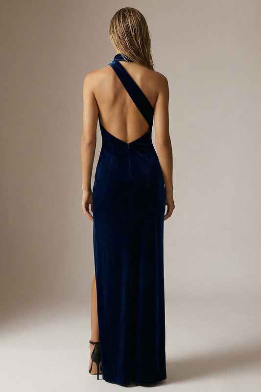 Sparkly Navy Sheath Halter Velvet Long Formal Dress with Slit