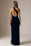 Sparkly Navy Sheath Halter Velvet Long Formal Dress with Slit