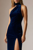 Sparkly Navy Sheath Halter Velvet Long Formal Dress with Slit