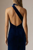 Sparkly Navy Sheath Halter Velvet Long Formal Dress with Slit