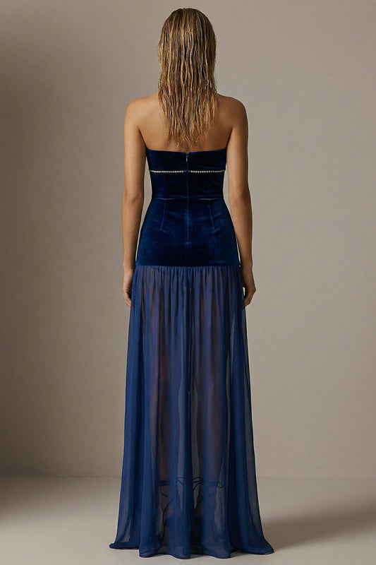 Sparkly Navy Velvet Sheath Strapless Long Formal Dress with Slit
