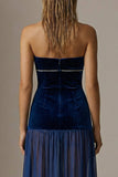 Sparkly Navy Velvet Sheath Strapless Long Formal Dress with Slit