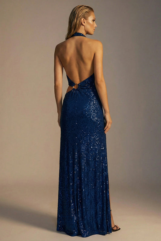 Sparkly Navy Halter Cut Out Sequin Long Formal Dress with Slit