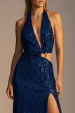Sparkly Navy Halter Cut Out Sequin Long Formal Dress with Slit