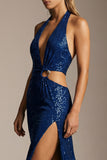 Sparkly Navy Halter Cut Out Sequin Long Formal Dress with Slit