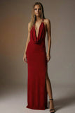 Dark Red Backless Sheath Halter Long Formal Dress with Slit