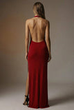 Dark Red Backless Sheath Halter Long Formal Dress with Slit