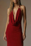 Dark Red Backless Sheath Halter Long Formal Dress with Slit