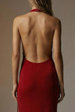 Dark Red Backless Sheath Halter Long Formal Dress with Slit