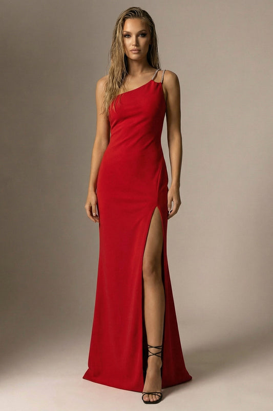 Elegant Red Mermaid One Shoulder Long Formal Dress with Slit