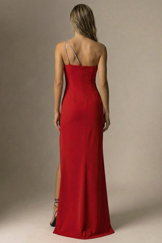 Elegant Red Mermaid One Shoulder Long Formal Dress with Slit