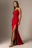 Elegant Red Mermaid One Shoulder Long Formal Dress with Slit