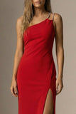Elegant Red Mermaid One Shoulder Long Formal Dress with Slit