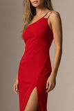 Elegant Red Mermaid One Shoulder Long Formal Dress with Slit