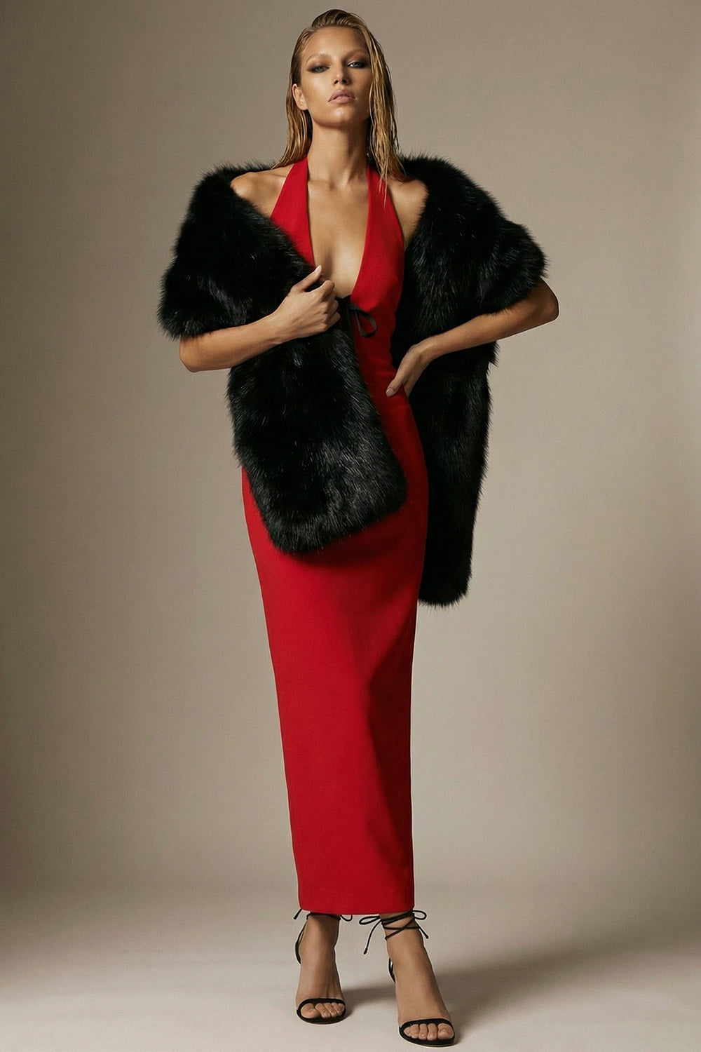 Red Sheath Satin Backless Halter Long Formal Dress with Bow