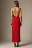 Red Sheath Satin Backless Halter Long Formal Dress with Bow