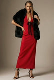 Red Sheath Satin Backless Halter Long Formal Dress with Bow