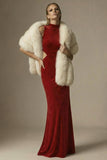 Dark Red High Neck Cut Out Sheath Velvet Long Formal Dress