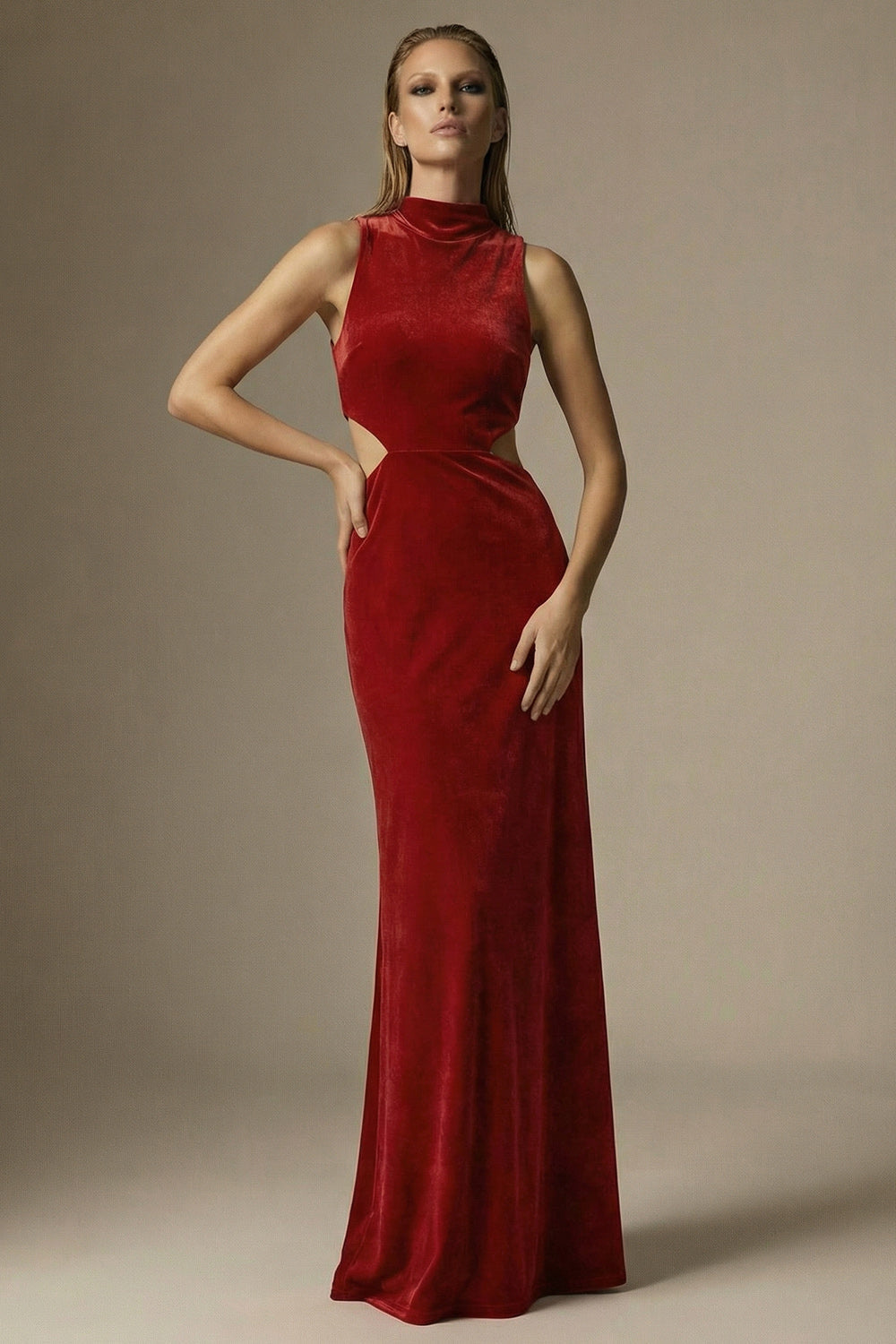 Dark Red High Neck Cut Out Sheath Velvet Long Formal Dress