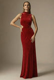 Dark Red High Neck Cut Out Sheath Velvet Long Formal Dress