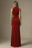 Dark Red High Neck Cut Out Sheath Velvet Long Formal Dress