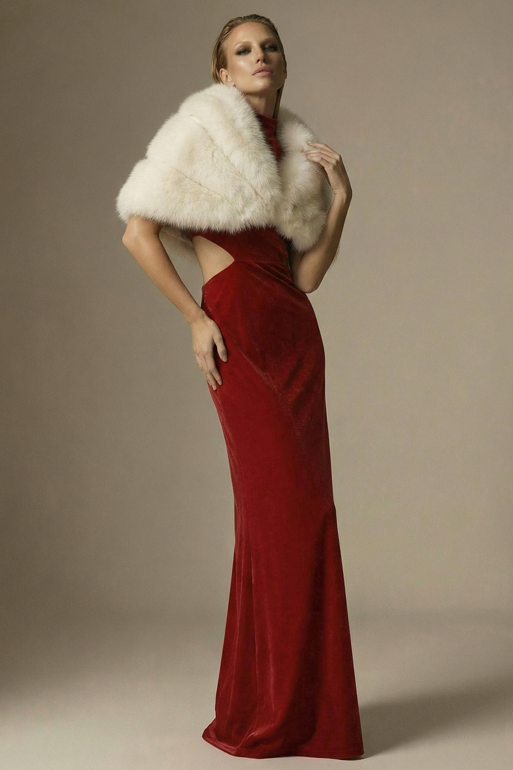 Dark Red High Neck Cut Out Sheath Velvet Long Formal Dress