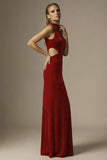 Dark Red High Neck Cut Out Sheath Velvet Long Formal Dress