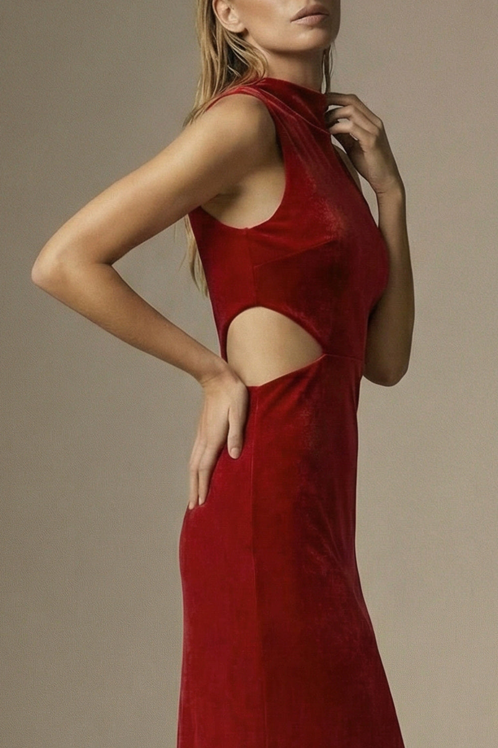 Dark Red High Neck Cut Out Sheath Velvet Long Formal Dress
