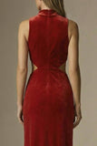 Dark Red High Neck Cut Out Sheath Velvet Long Formal Dress